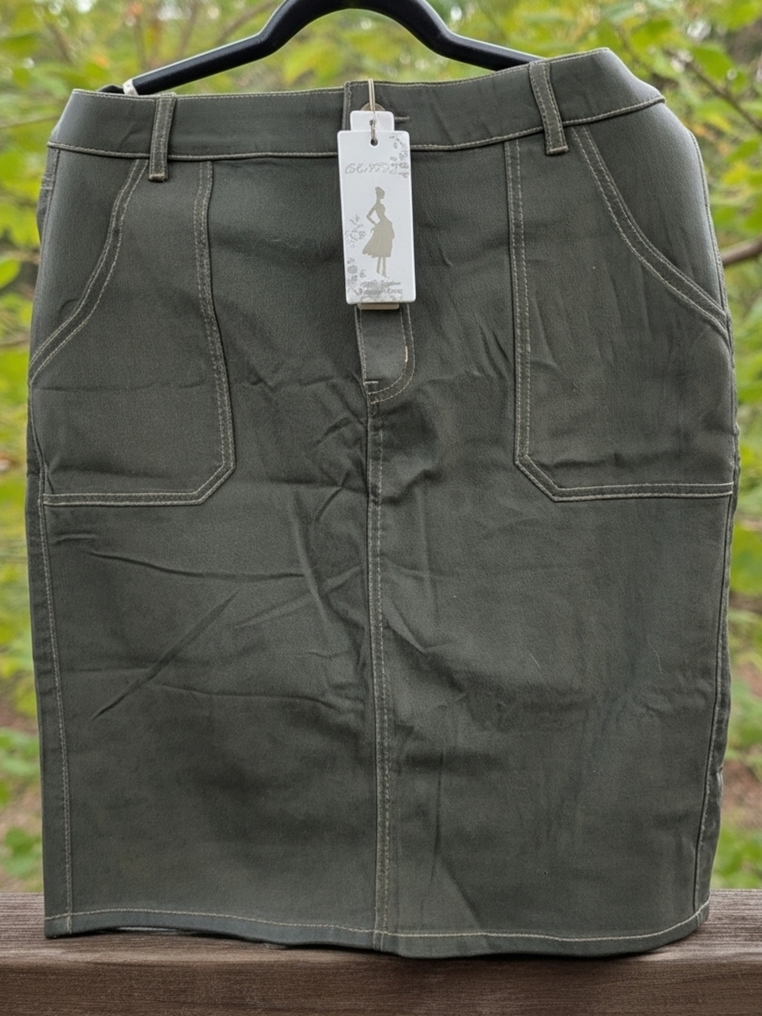Belle Porque Olive Green Denim Pencil Skirt Large New With Tag Size Large